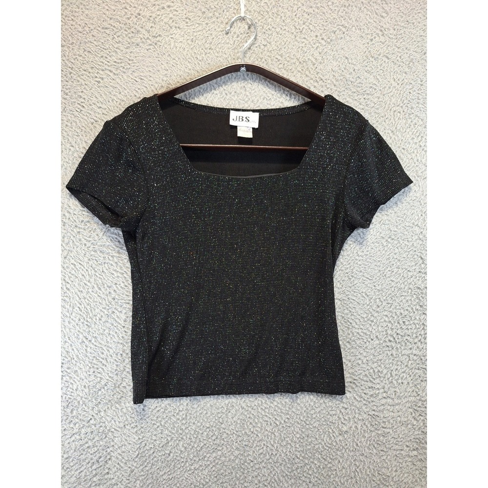 VTG JBS Top Women's Size S Black Sparkle Square Neck Short Sleeve Made in USA